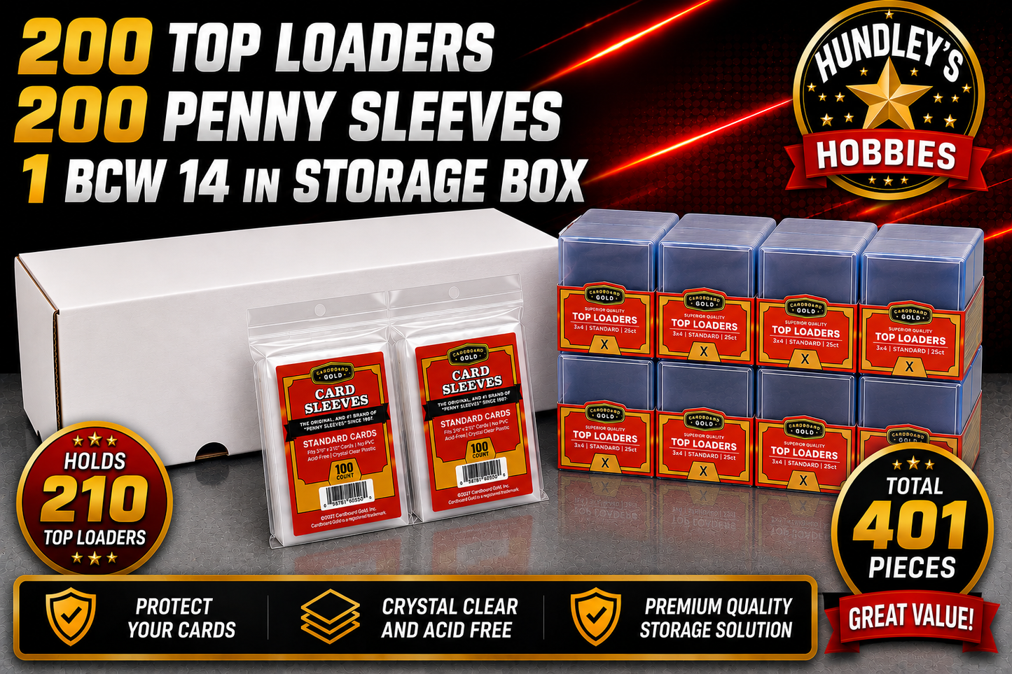 200 Cardboard Gold 3x4 Top Loaders + 200 Card Sleeves + BCW 14 in Storage Box