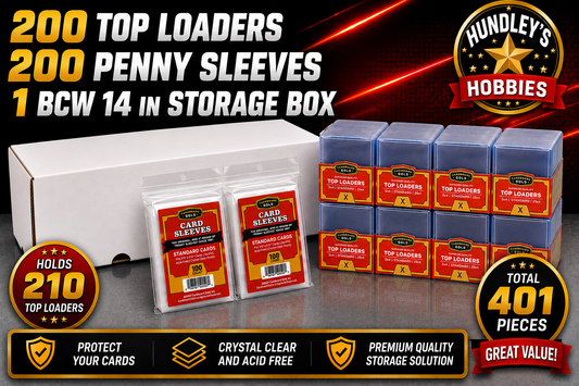 200 Cardboard Gold 3x4 Top Loaders + 200 Card Sleeves + BCW 14 in Storage Box
