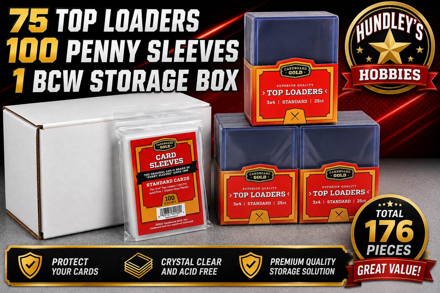75 Cardboard Gold 3x4 Top Loaders + 100 Card Sleeves + 5 in BCW Storage Box